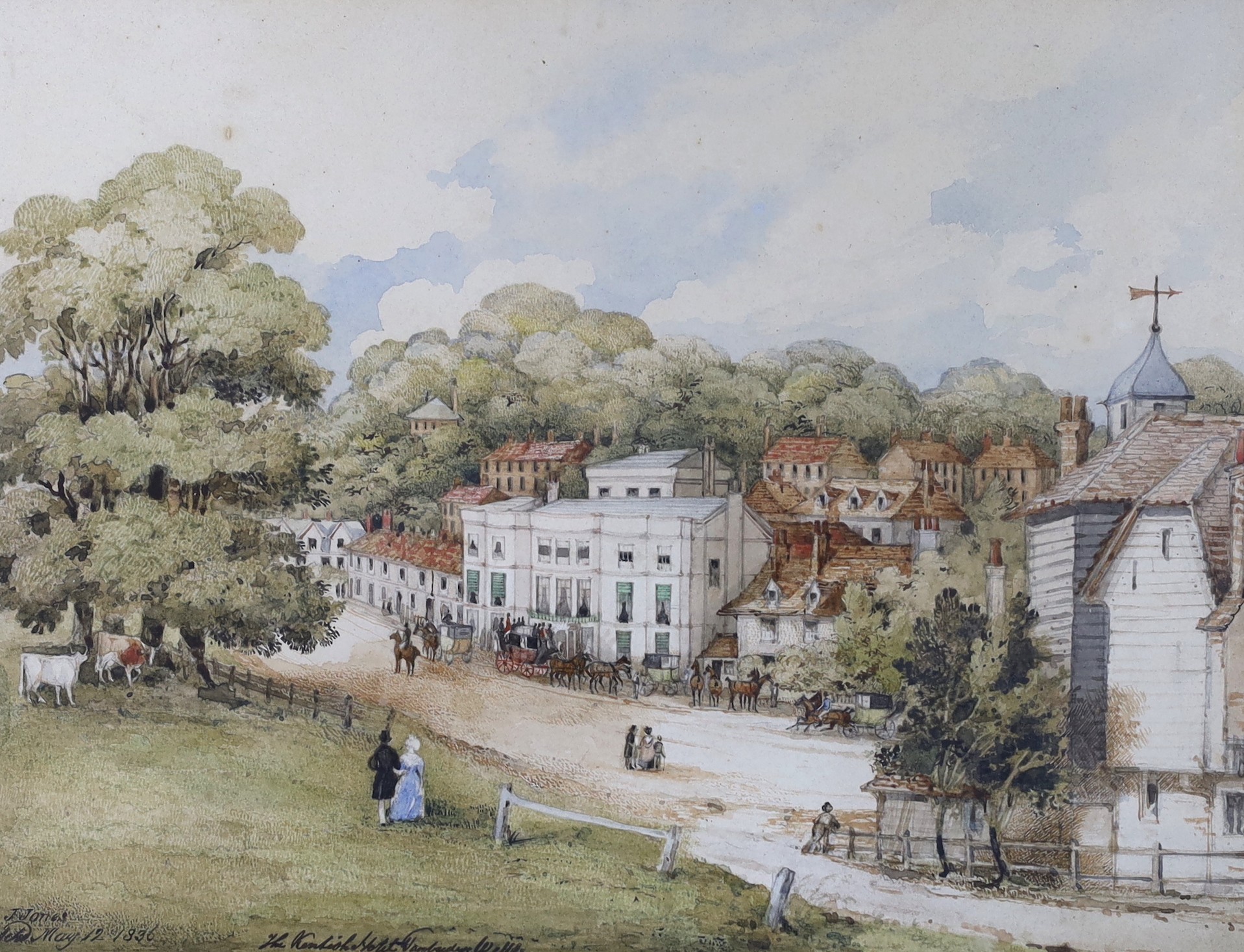 J. Jones (19th C.), 'The Kentish Hotel, Tunbridge Wells', signed and dated May 12 1836, 22.5 x 30cm